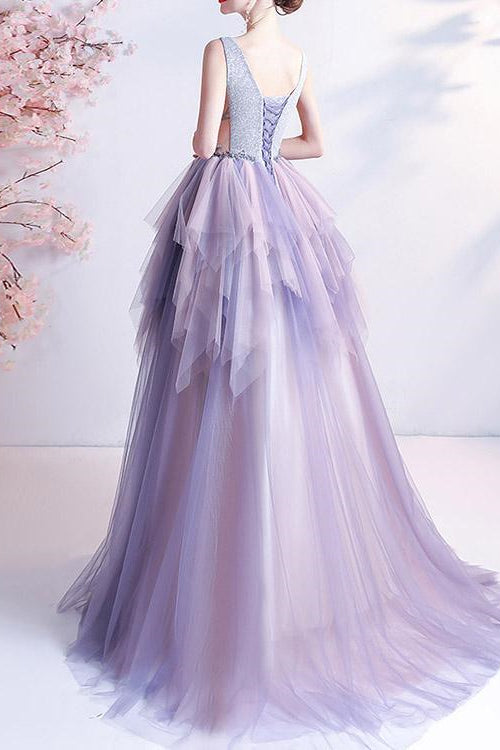 V-Neck Tulle Layered Prom Dress UK With Beads Online - Sleeveless Long-ballbellauk