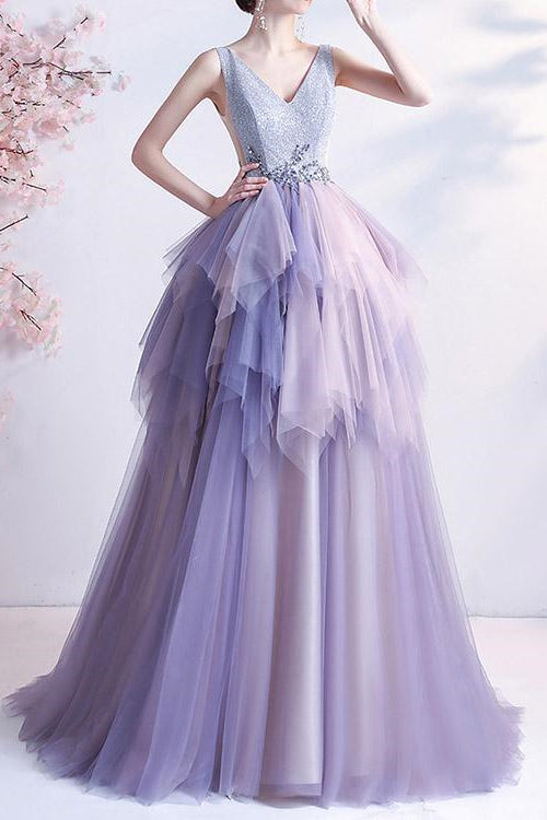 V-Neck Tulle Layered Prom Dress UK With Beads Online - Sleeveless Long-ballbellauk