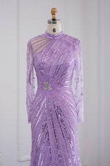 Violet High Neck Mermaid Evening Dress with Tulle Long Sleeves and Sparkle Appliques-ballbellauk