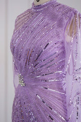 Violet High Neck Mermaid Evening Dress with Tulle Long Sleeves and Sparkle Appliques-ballbellauk