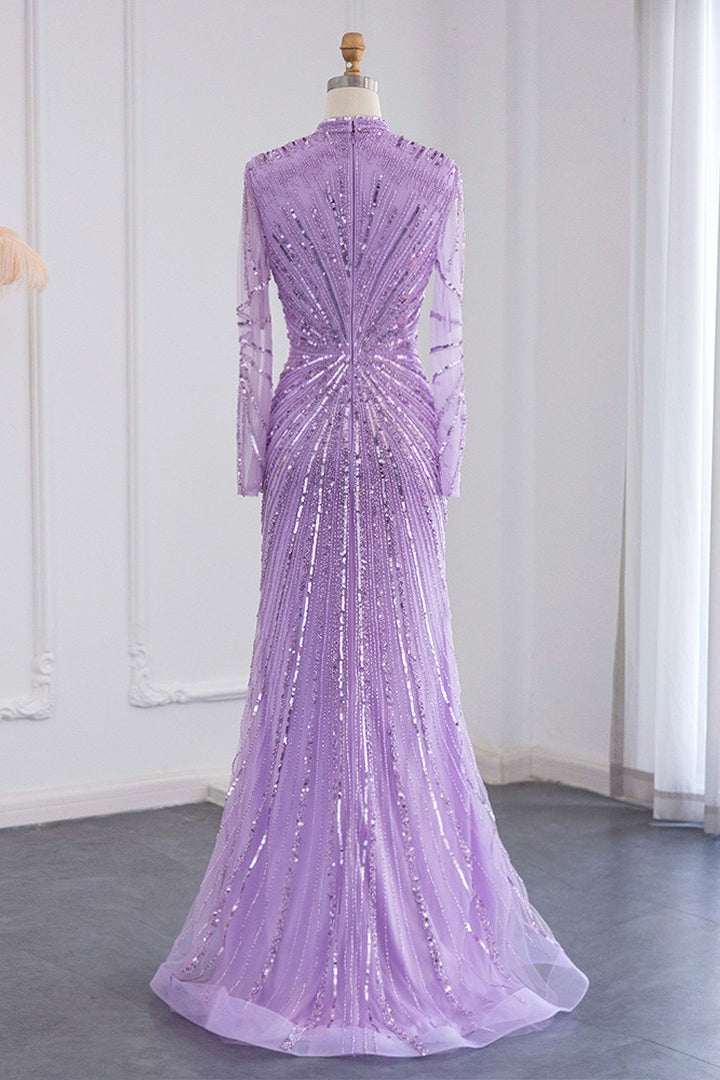 Violet High Neck Mermaid Evening Dress with Tulle Long Sleeves and Sparkle Appliques-ballbellauk