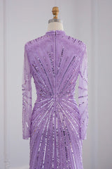 Violet High Neck Mermaid Evening Dress with Tulle Long Sleeves and Sparkle Appliques-ballbellauk