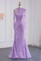 Violet High Neck Mermaid Evening Dress with Tulle Long Sleeves and Sparkle Appliques-ballbellauk