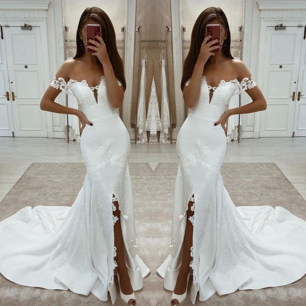 White Lace Mermaid Wedding Dress Split Off-the-Shoulder-ballbellauk