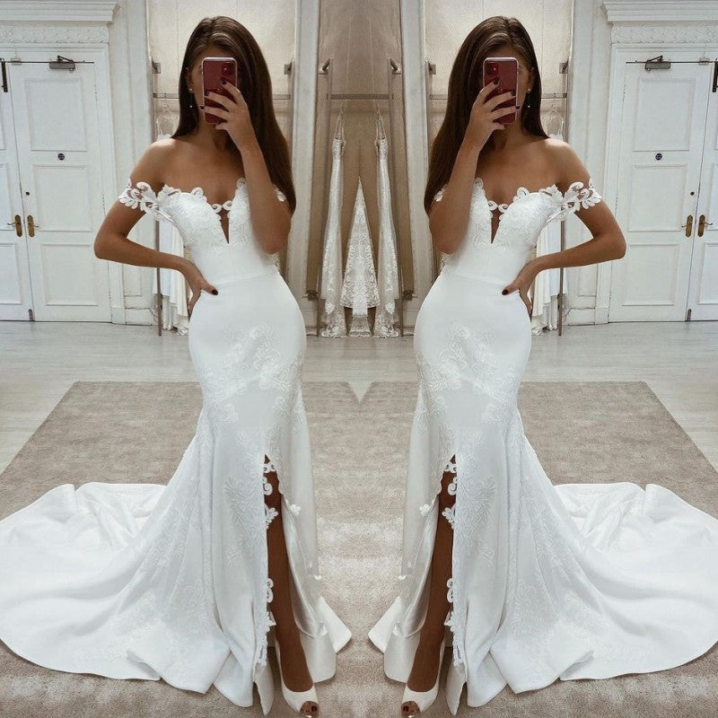 White Lace Mermaid Wedding Dress Split Off-the-Shoulder-ballbellauk