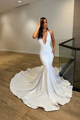 White Laser Light Mermaid Princess Prom Dress UK with Deep V Neck and Trumpet Open Back-ballbellauk