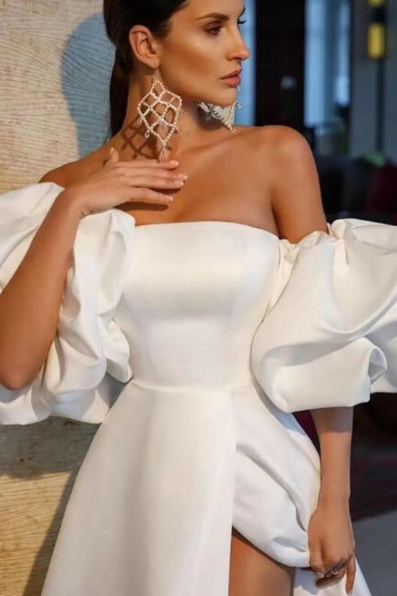 White Off-The-Shoulder Bubble Sleeves Evening Dress With Slit-ballbellauk