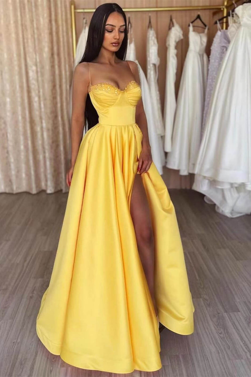 Yellow A-Line Evening Dress with Spaghetti Straps-ballbellauk