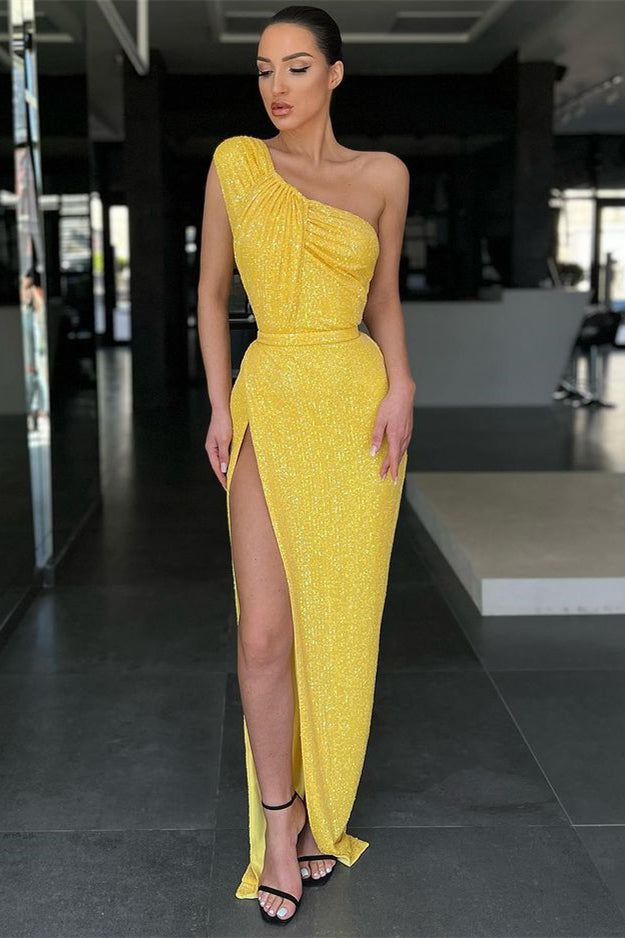 Yellow Mermaid Evening Dress with Sequins and Split-ballbellauk