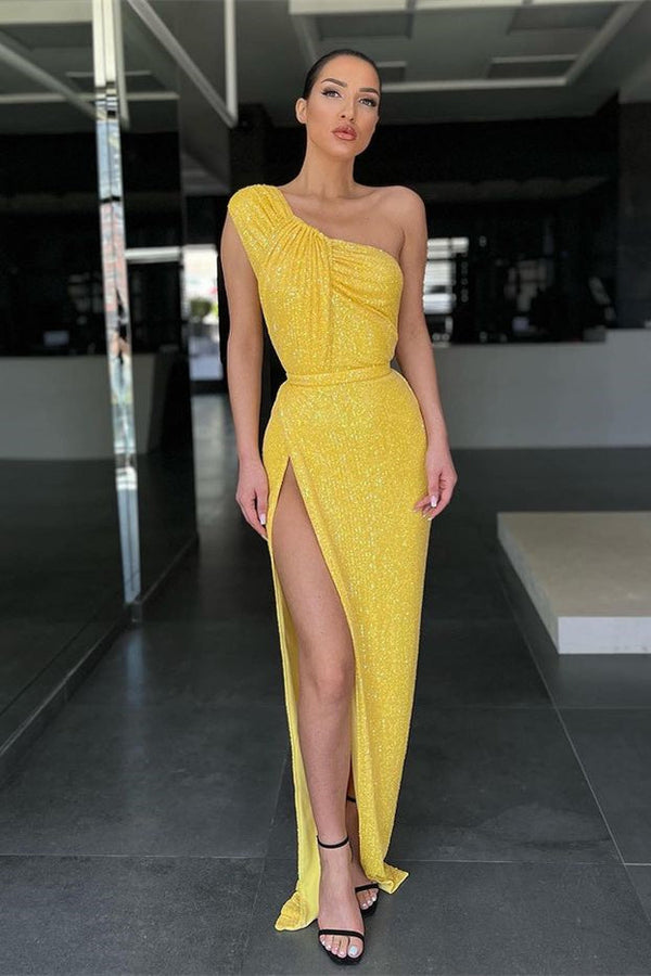 Yellow Mermaid Evening Dress with Sequins and Split-ballbellauk