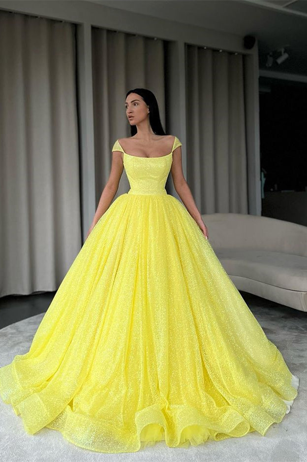 Yellow Sequins Ball Gown - Off-The-Shoulder Evening Dress-ballbellauk