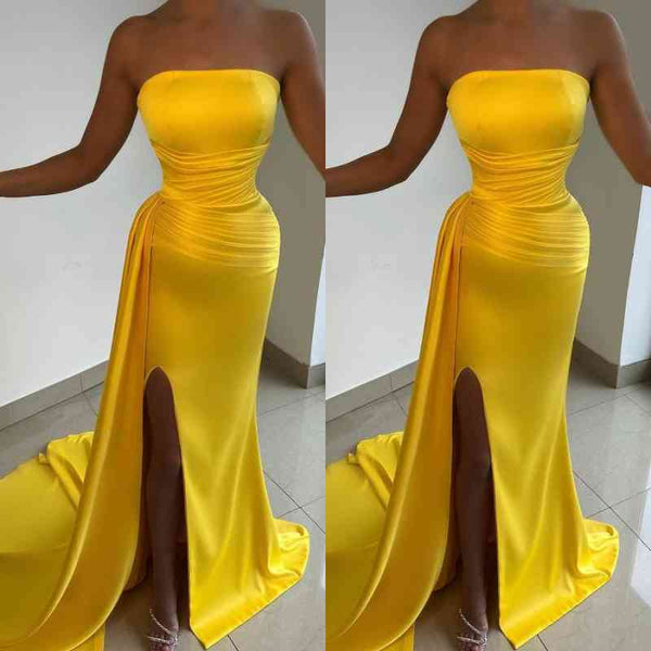 Yellow Strapless Prom Dress UK Court With Split-ballbellauk