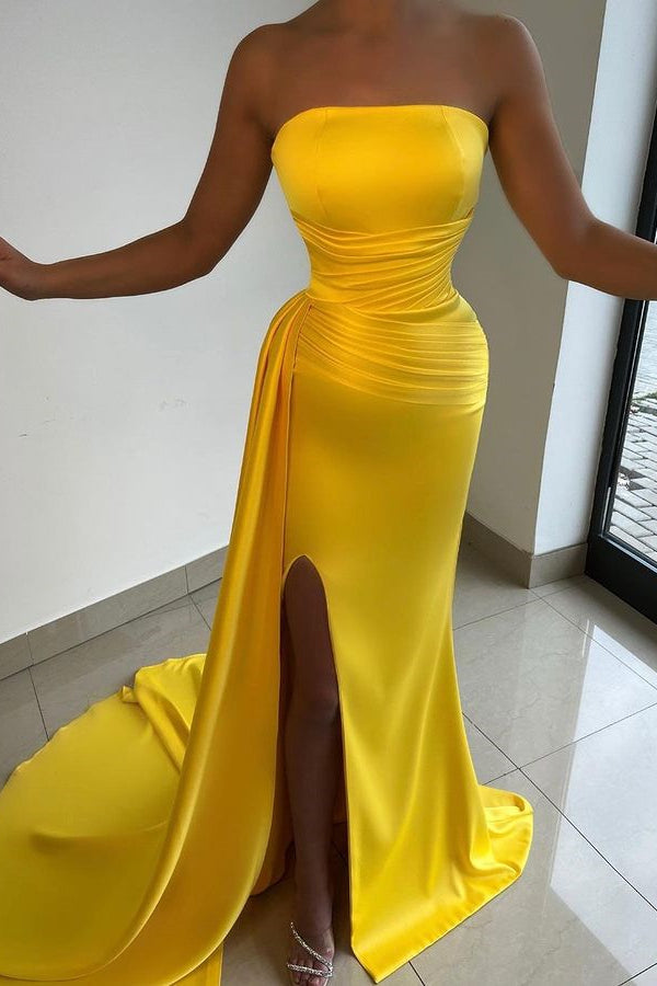 Yellow Strapless Prom Dress UK Court With Split-ballbellauk