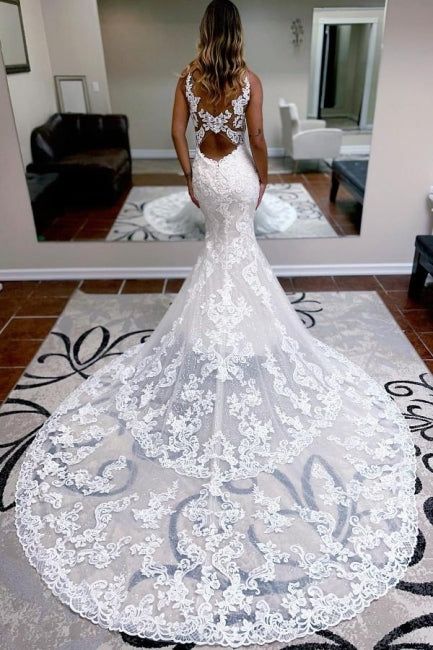 Amazing spaghettistraps sleeveless mermaid lace Wedding Dresses
