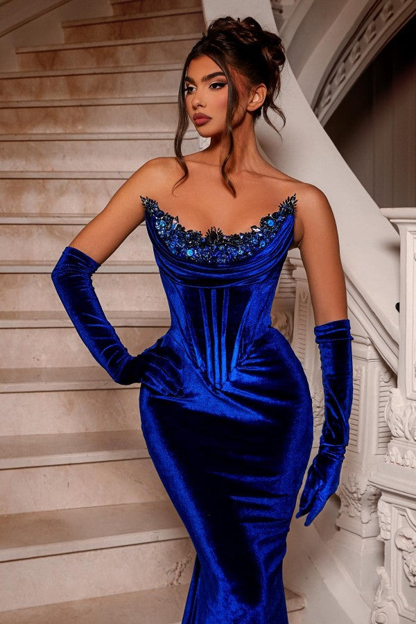 Royal Blue Long Velvet Beadings Sleeveless Mermaid Prom Dresses