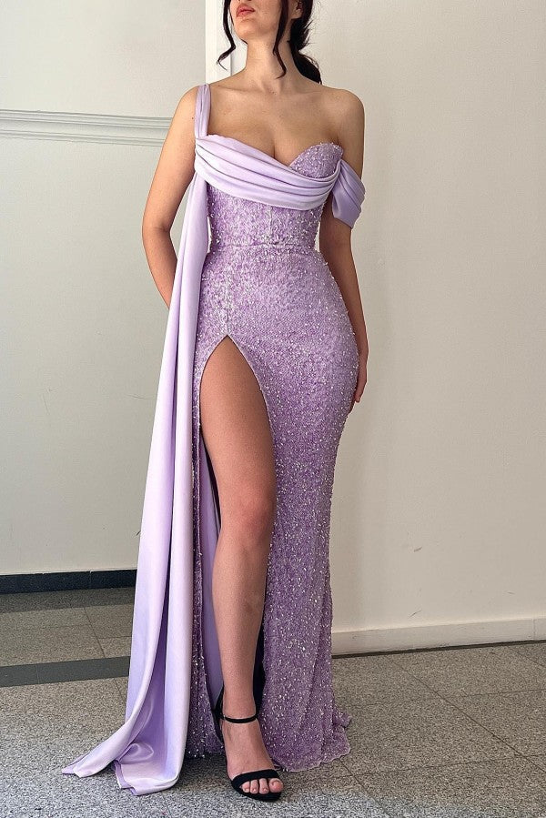 Modest Lilac Long Glitter Off-the-Shoulder Mermaid Prom Dress With Slit