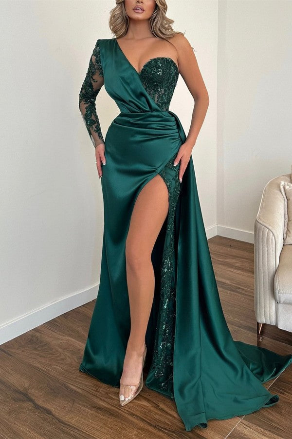 Charming Long Dark Green One Shoulder Long Sleeves Slit Prom Dress With Lace