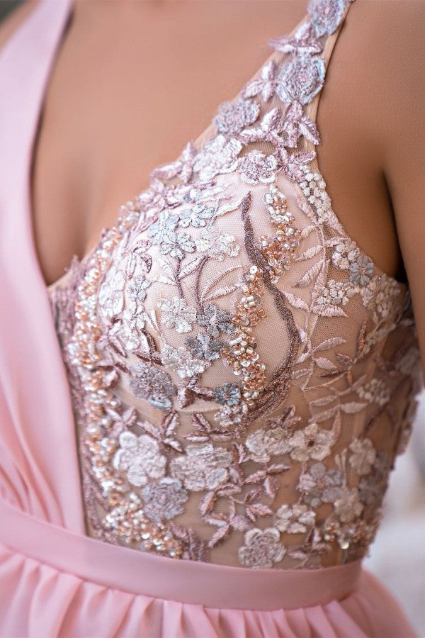 Modest Long Pink V-Neck Long Glitter Sleeveless Prom Dress With Slit