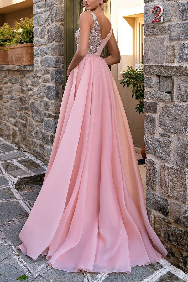 Modest Long Pink V-Neck Long Glitter Sleeveless Prom Dress With Slit