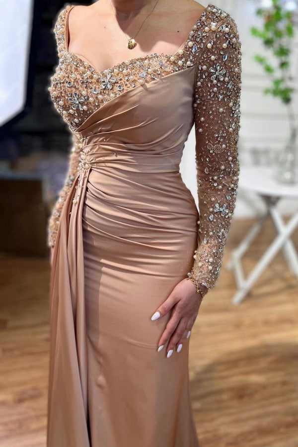 Chic Long Mermaid Beadings Prom Dresses With Long Sleevess