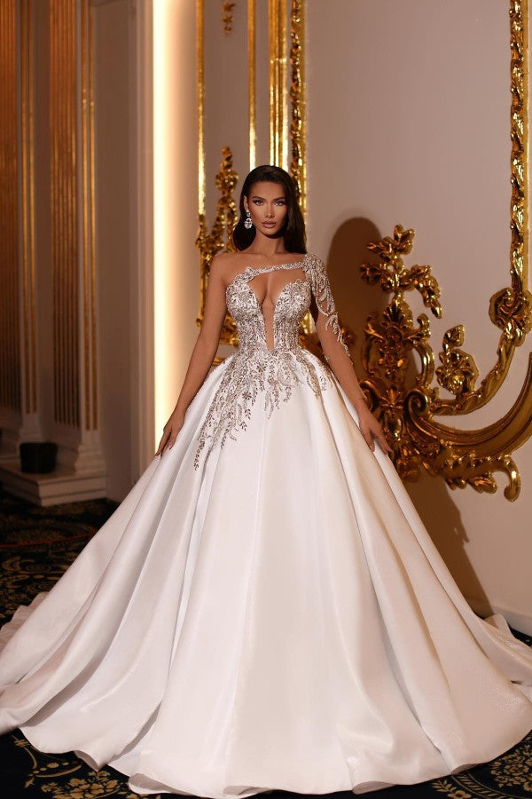 Modest Princess Long Long V-Neck One Shoulder Bridal Gowns On Sale