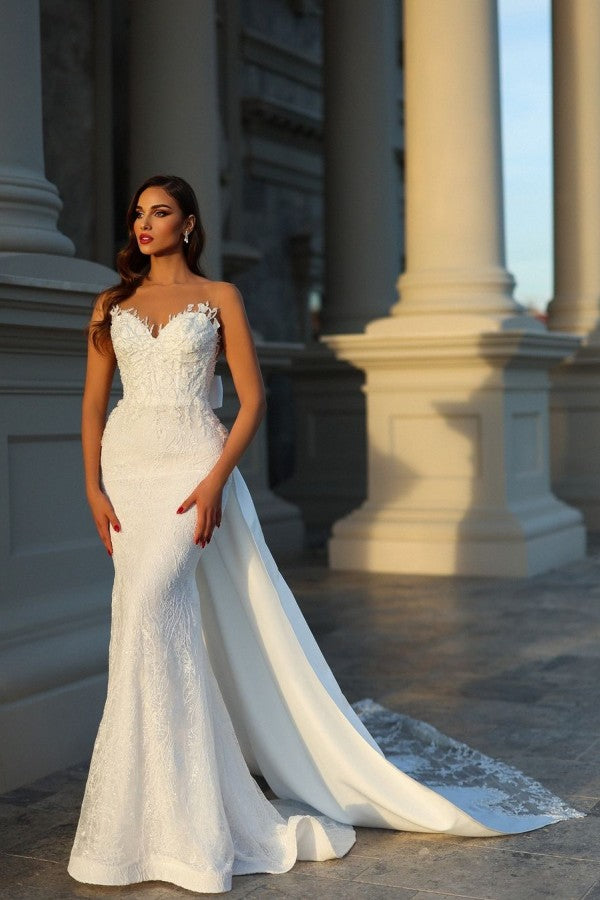 Modest Long Mermaid Sleeveless Bridal Gowns On Sale With Lace