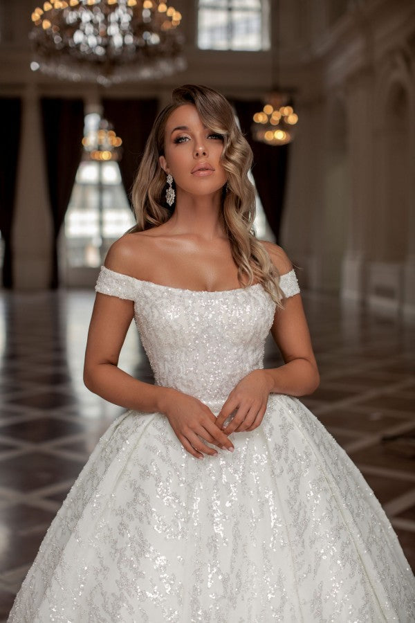 Charming Princess Long White Off-the-Shoulder Glitter Long Bridal Gowns On Sale