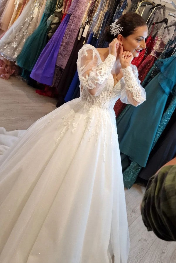 Princess Long V-Neck Long Lace Bridal Gowns On Sale With Long Sleevess