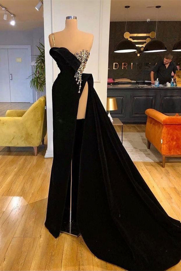 Amazing Black Split Front One Shoulder Prom Dress With Beading