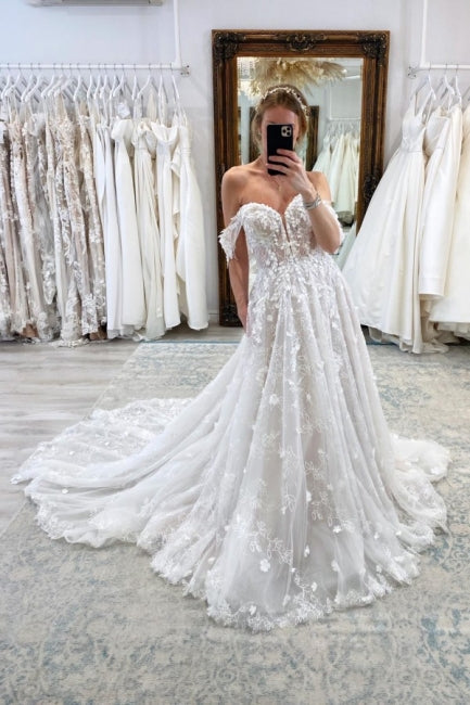 Glamorous Long A-Line Off-the-shoulder Lace Wedding Dresses With Glitter
