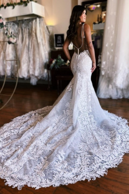 Classy Sleeveless Spaghetti Straps Long Mermaid Wedding Dresses