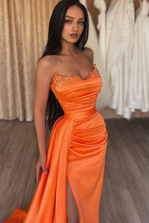 Classy Orange Sweetheart Prom Dresses Mermaid Long Slit With Sequins