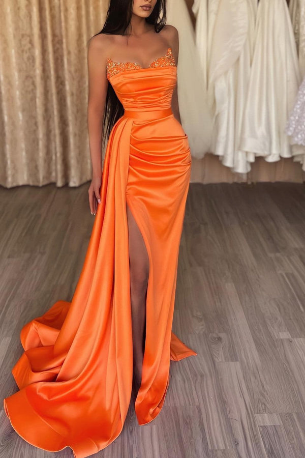 Classy Orange Sweetheart Prom Dresses Mermaid Long Slit With Sequins