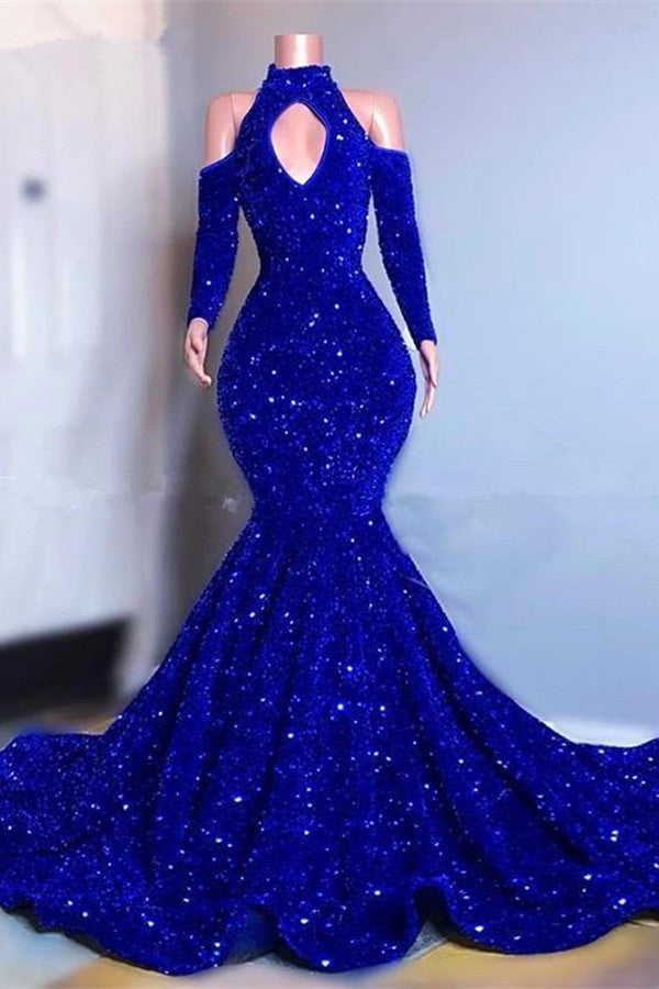 Beautiful Royal Blue evening Dress Mermaid Long With Sequins Long Sleeves