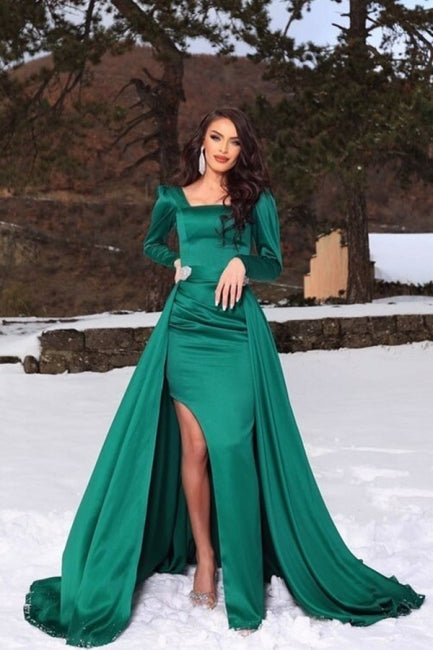 Elegant Green A-Line Satin Prom Dresses With Ruffles Square Long-Sleeve