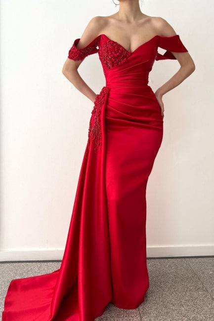 Chic Long Red Mermaid Off-the-Shoulder Lace Prom Dress