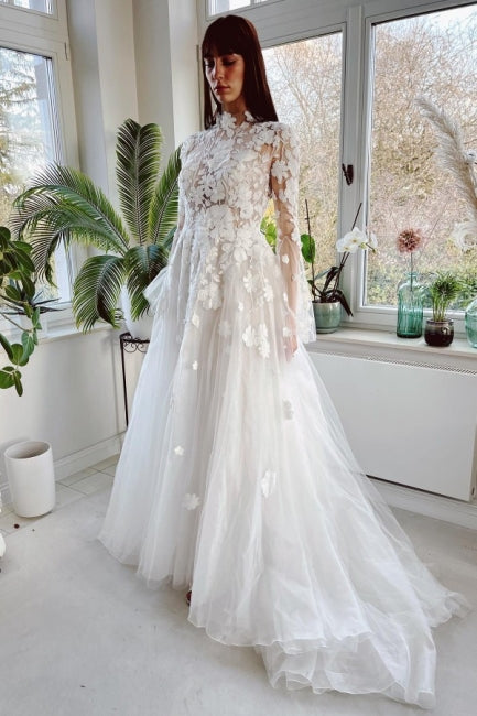 Amazing High Collar Long Sleeves A-Line Lace Wedding Dresses with Chapel Train