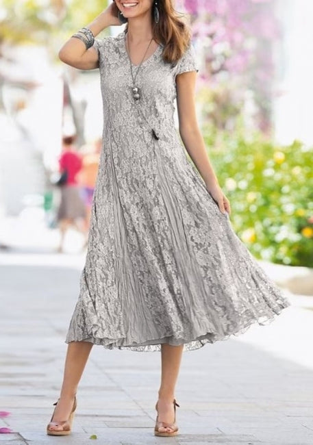 Charming V-Neck Short Sleeves Long Lace Mother of the Bride Dress