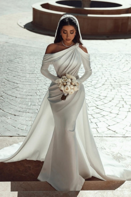 Charming One Shoulder Long Sleevess Mermaid Bridal Gowns On Sale With Ruffles
