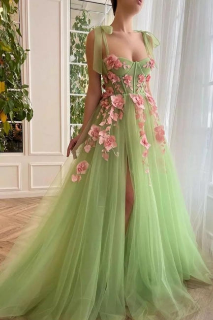 Chic Spaghetti-Straps Sleeveless Long soft net Prom Dress With Front Split