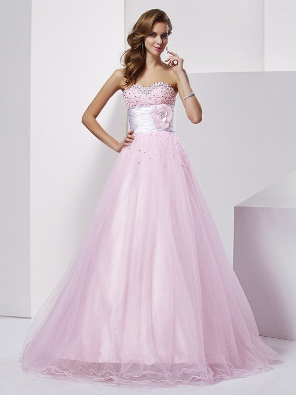 Ball Gown Strapless Beading Sleeveless Long Elastic Woven Satin Quinceanera Prom Dress