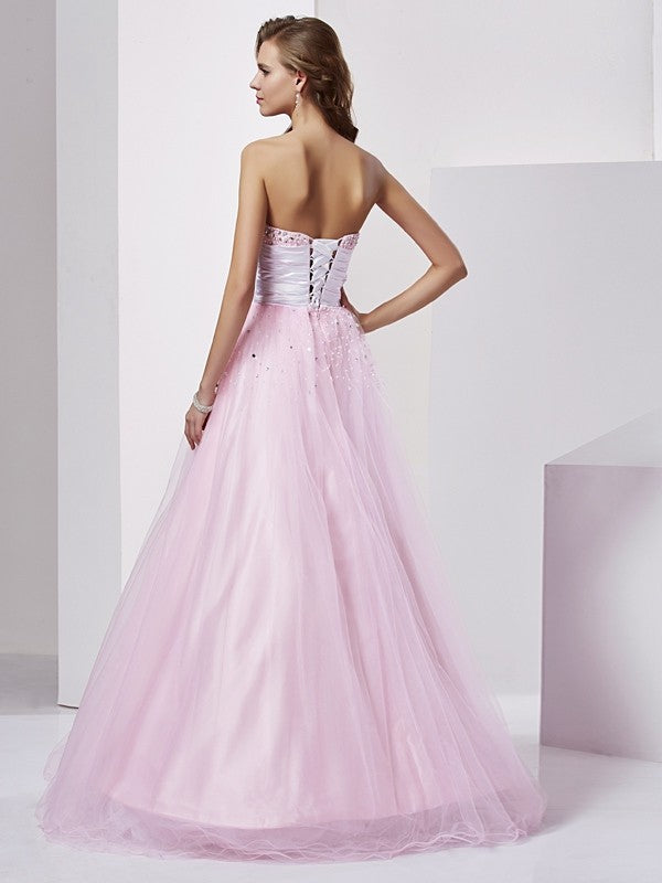 Ball Gown Strapless Beading Sleeveless Long Elastic Woven Satin Quinceanera Prom Dress