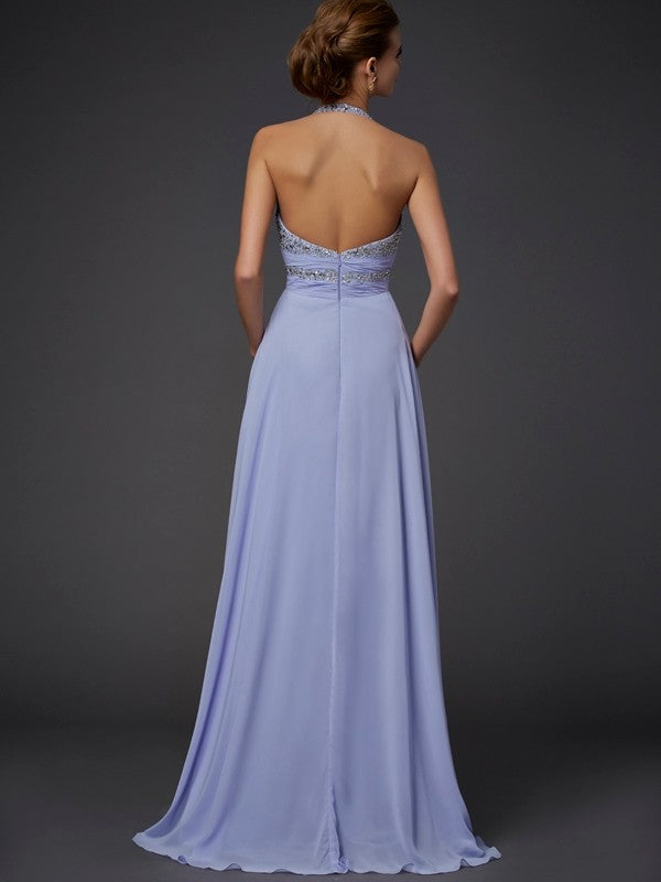 Gorgeous Halter Beading Sleeveless Chiffon Long Prom Dress