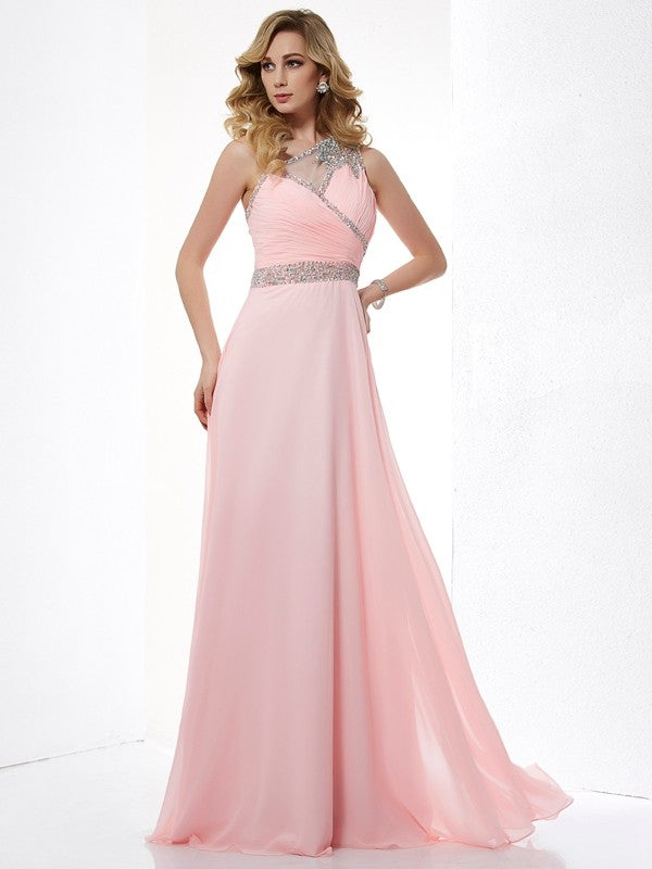 Gorgeous One-Shoulder Beading Sleeveless Chiffon Long Prom Dress