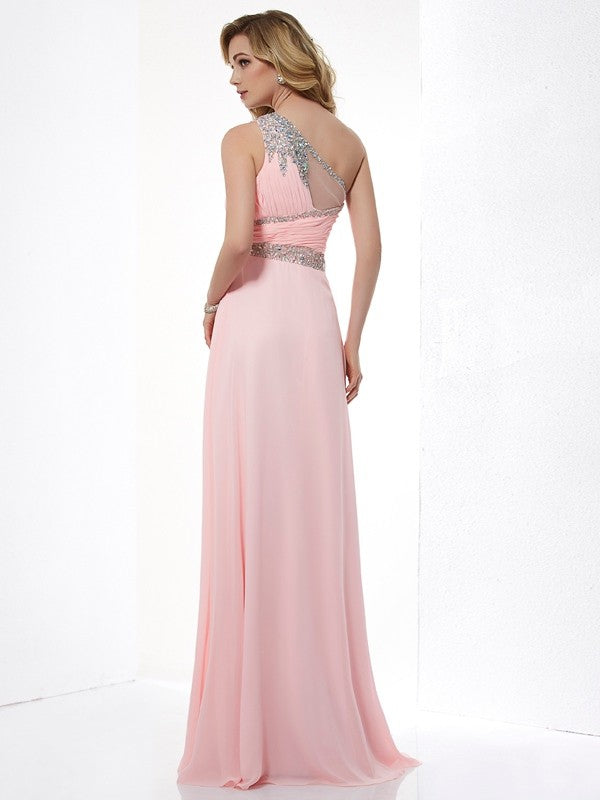 Gorgeous One-Shoulder Beading Sleeveless Chiffon Long Prom Dress