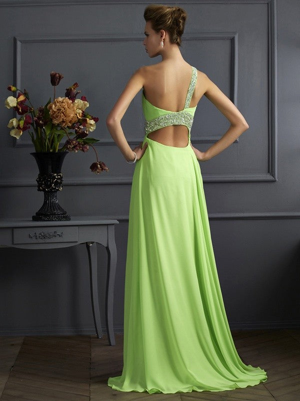 Gorgeous Beading Sleeveless One-Shoulder Chiffon Long Prom Dress