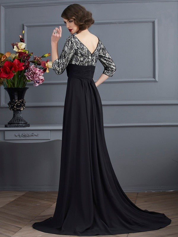 Elegant V-Neck 3/4 Sleeves Lace Long Evening Dress Chiffon