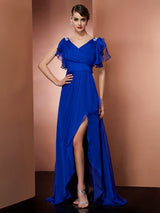 Gorgeous V-neck Beading Sleeveless Hi-Lo Evening Dress Chiffon