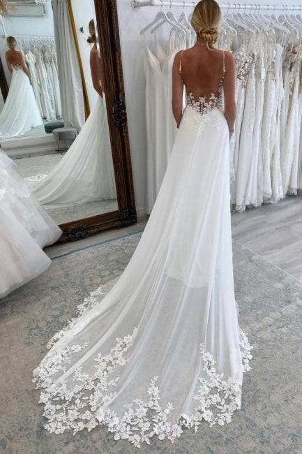 Classic Long A-line V-neck Spaghetti Straps Wedding Dresses With Lace