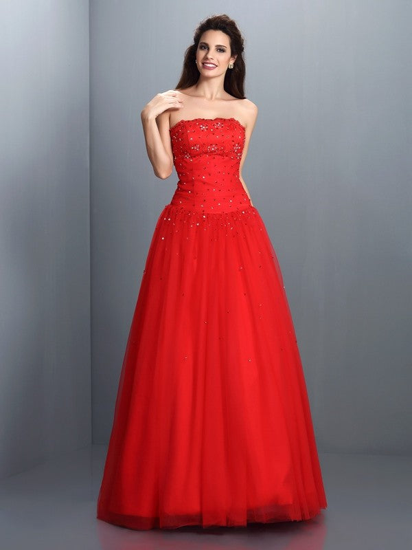 Ball Gown Strapless Beading Sleeveless Long Organza Quinceanera Prom Dress